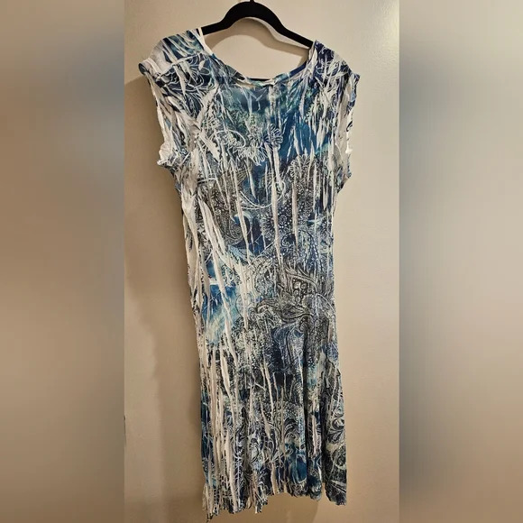 NWOT Reba XL Pleated Rhinestone Blue & White Midi Women's Dress - Picture 2 of 5